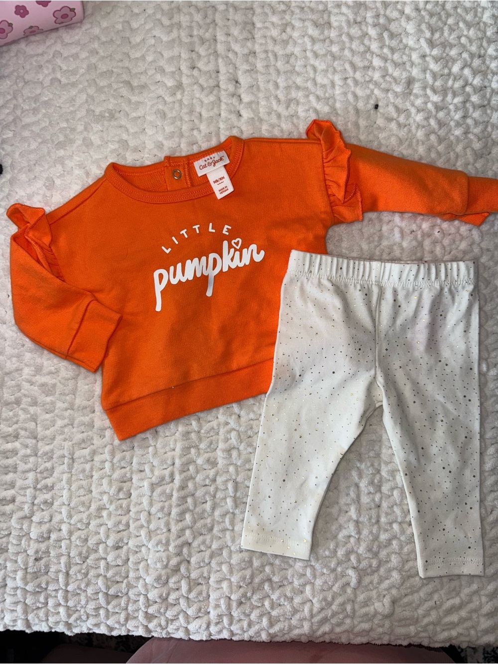 Cat & Jack Orange "Little Pumpkin" Sweatshirt with White Dot Leggings